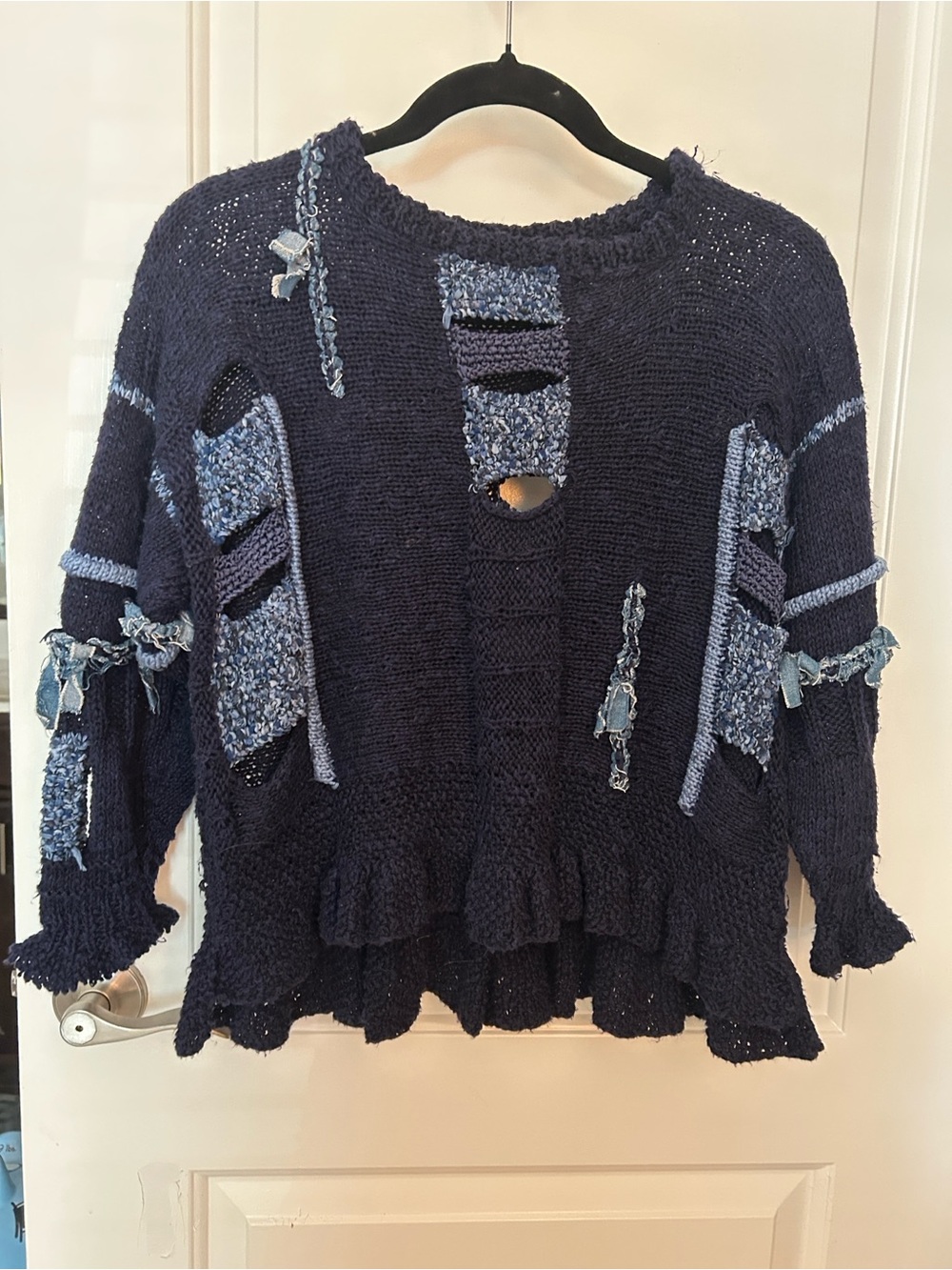 Women’s Handmade Navy Blue Ruffle Distressed Hem Knit Sweater